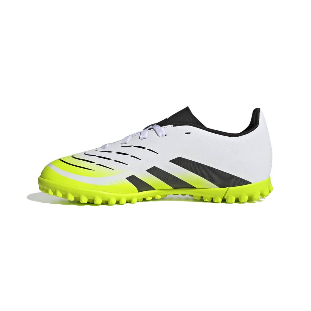 Chuteira Adidas Predator Club Infantil branca vista lateral medial com detalhes em preto e amarelo